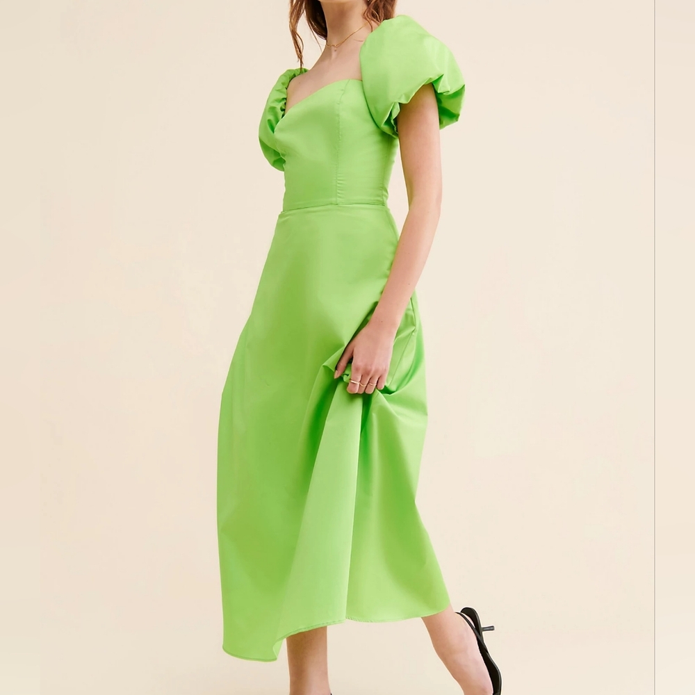 Lime Puff-Sleeve Midi Dress